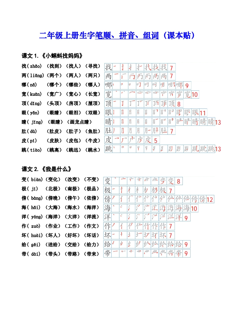 002二上生字笔顺、拼音、组词（课本贴）-watiku