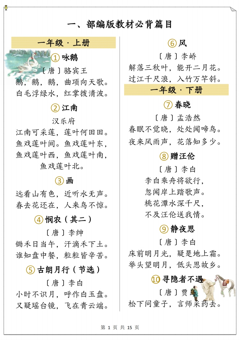 1-6年级上下册必背古诗合集-小学语文-watiku