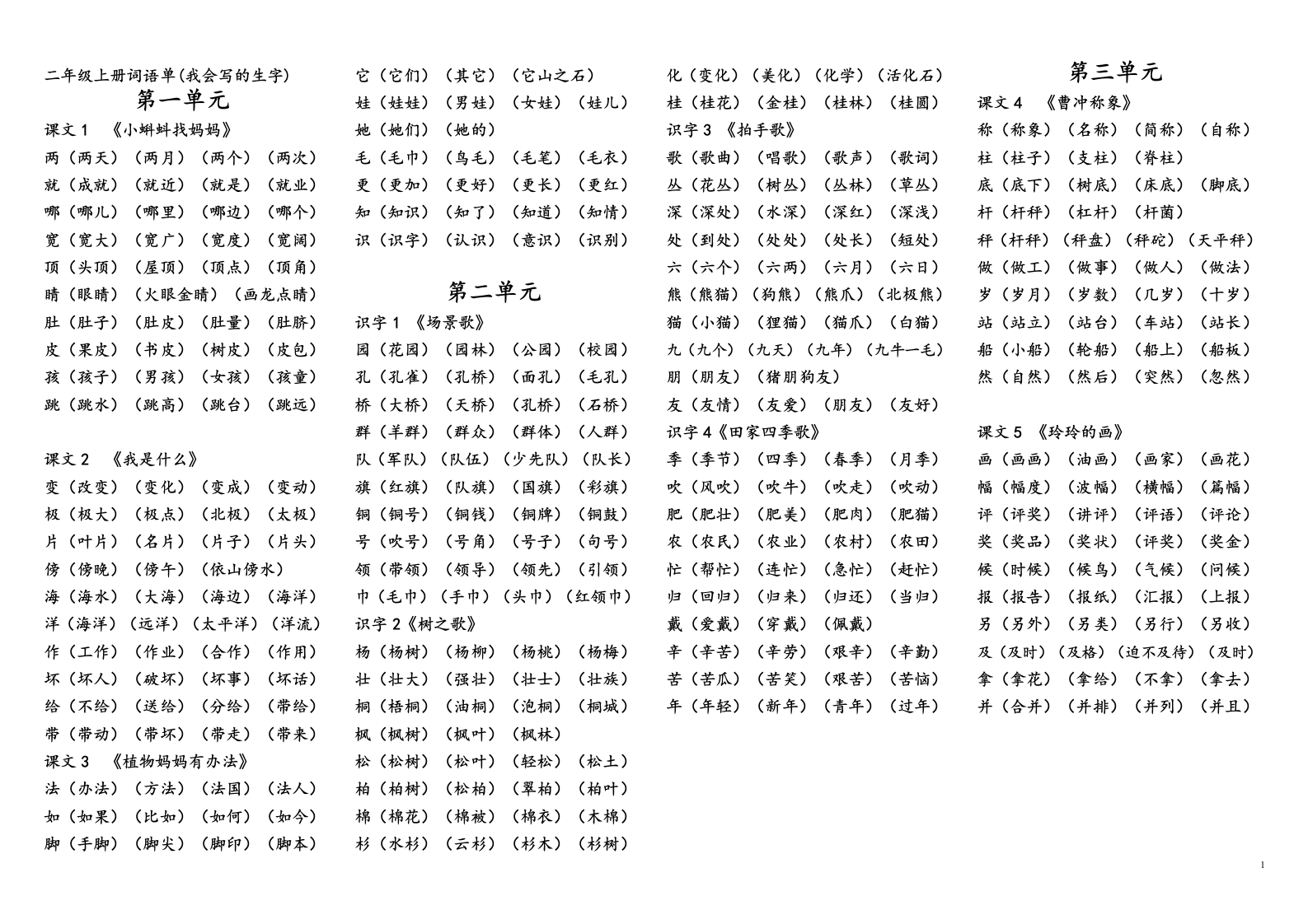 2024年最新二年级上册生字组词归纳资料-watiku