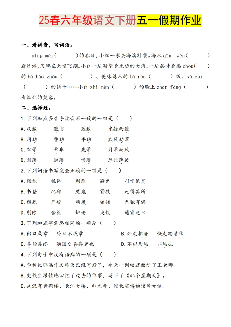 2025六下语文五一假期练习综合练习含答案学霸提优-watiku
