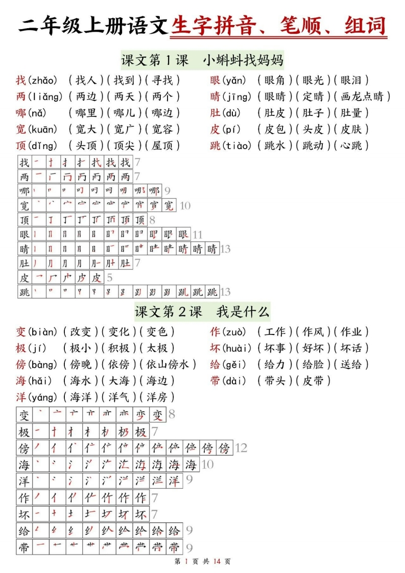 二上语文生字拼音、笔顺、组词（课课贴14页）-watiku