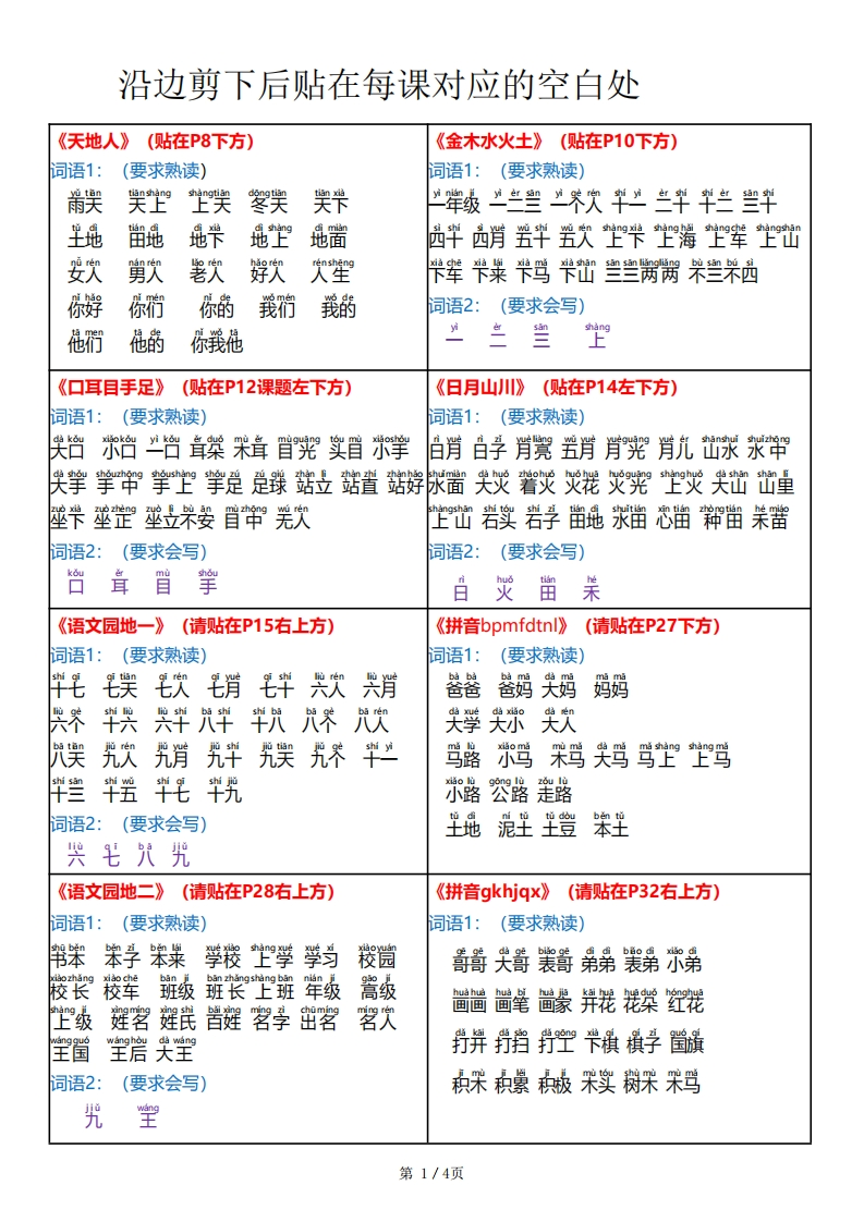 24秋版课课贴一年级上册每课重点书贴贴在空白处-watiku