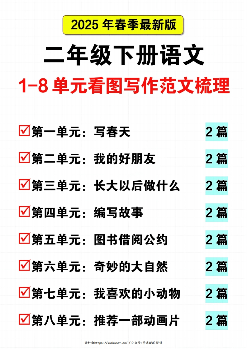 25二下语文最新版1-8单元看图写话范文梳理16页pdf-watiku