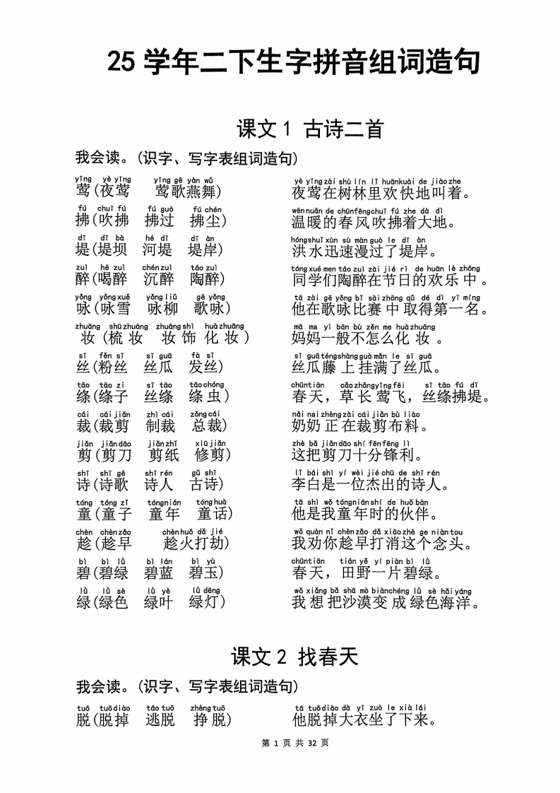 25学年二下语文生字拼音组词造句32页-watiku