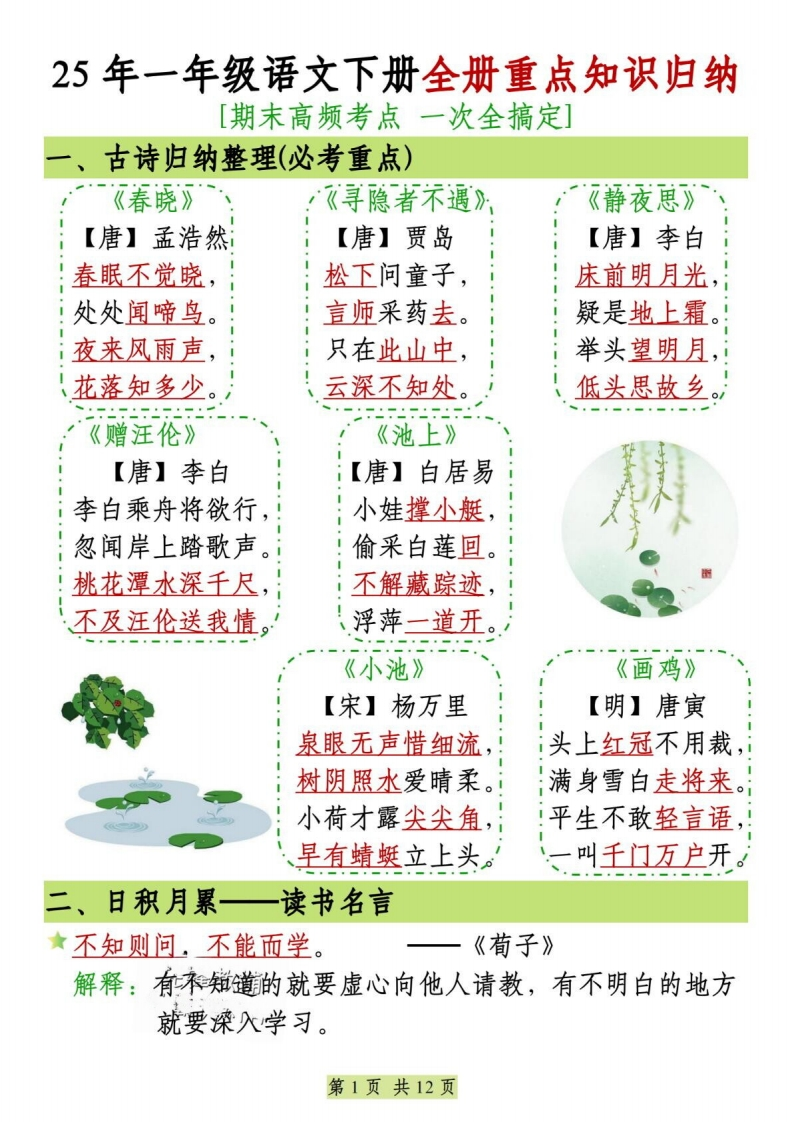 25年新版期末复习一年级语文下册全册重点知识归纳-watiku