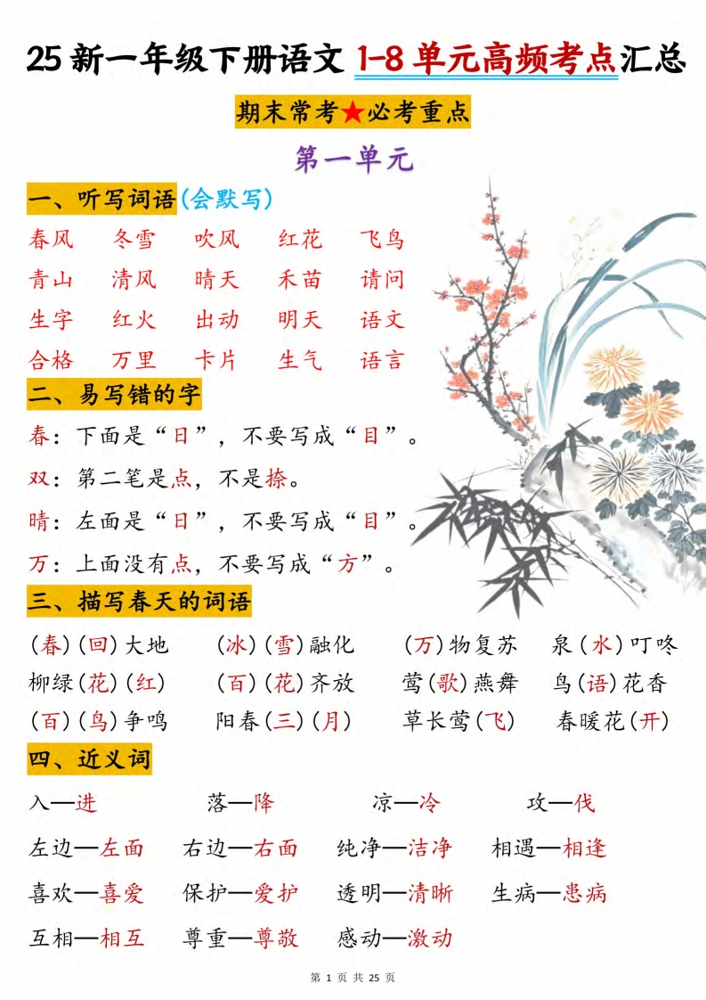 25新一年级下册语文期末复习1-8单元高频必考考点汇总-watiku