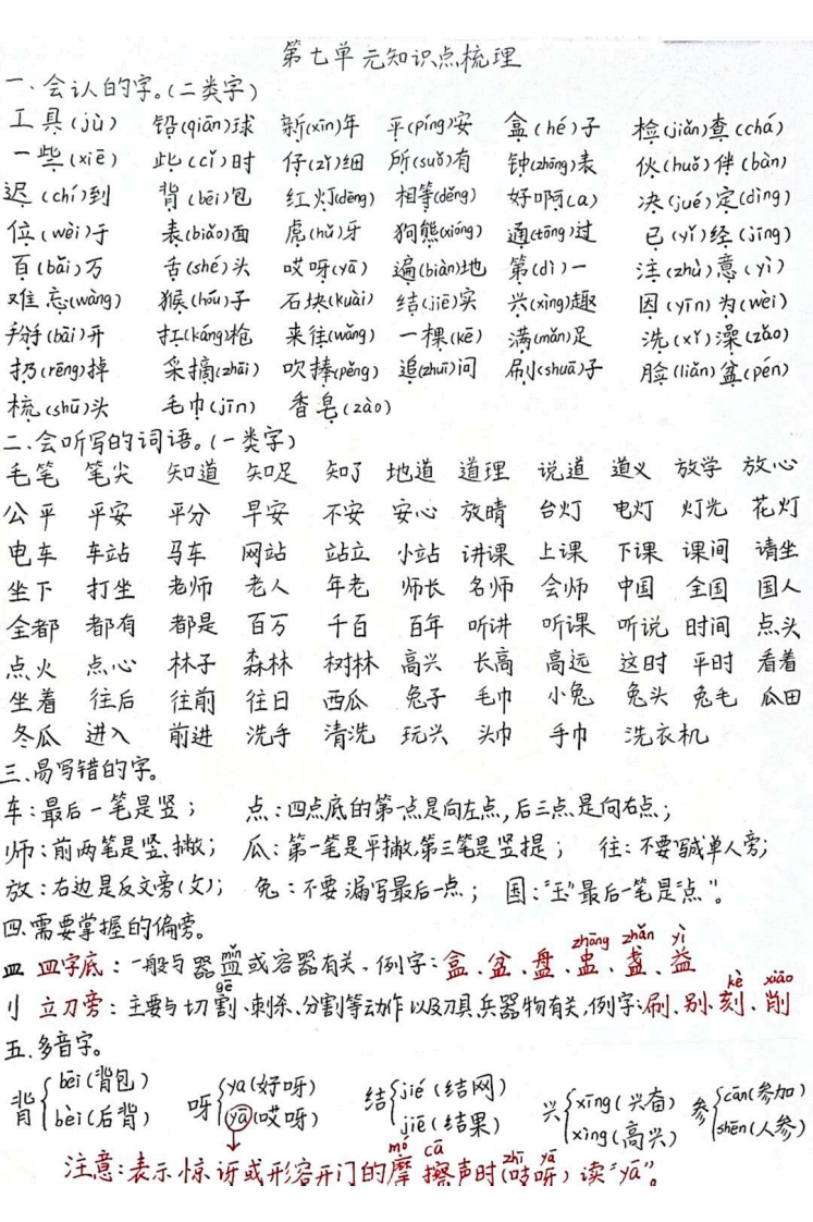 25春一年级下册语文第七单元知识点梳理(手写版）-watiku