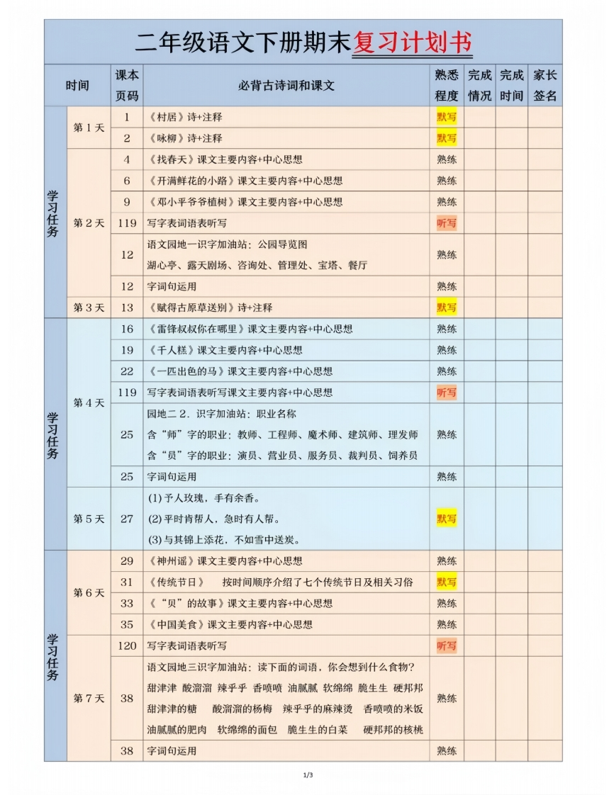 25春二下语文期末复习计划书-watiku
