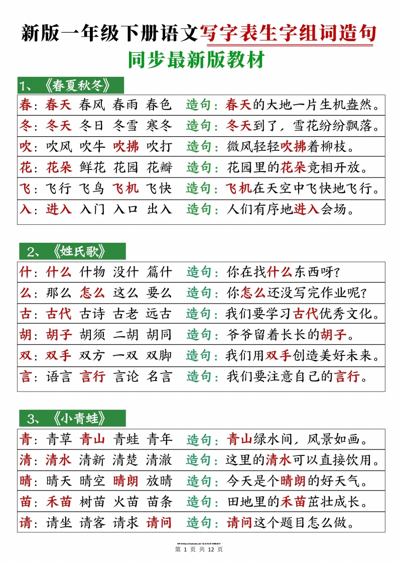 25春新一下语文写字表生字组词造句12页-watiku
