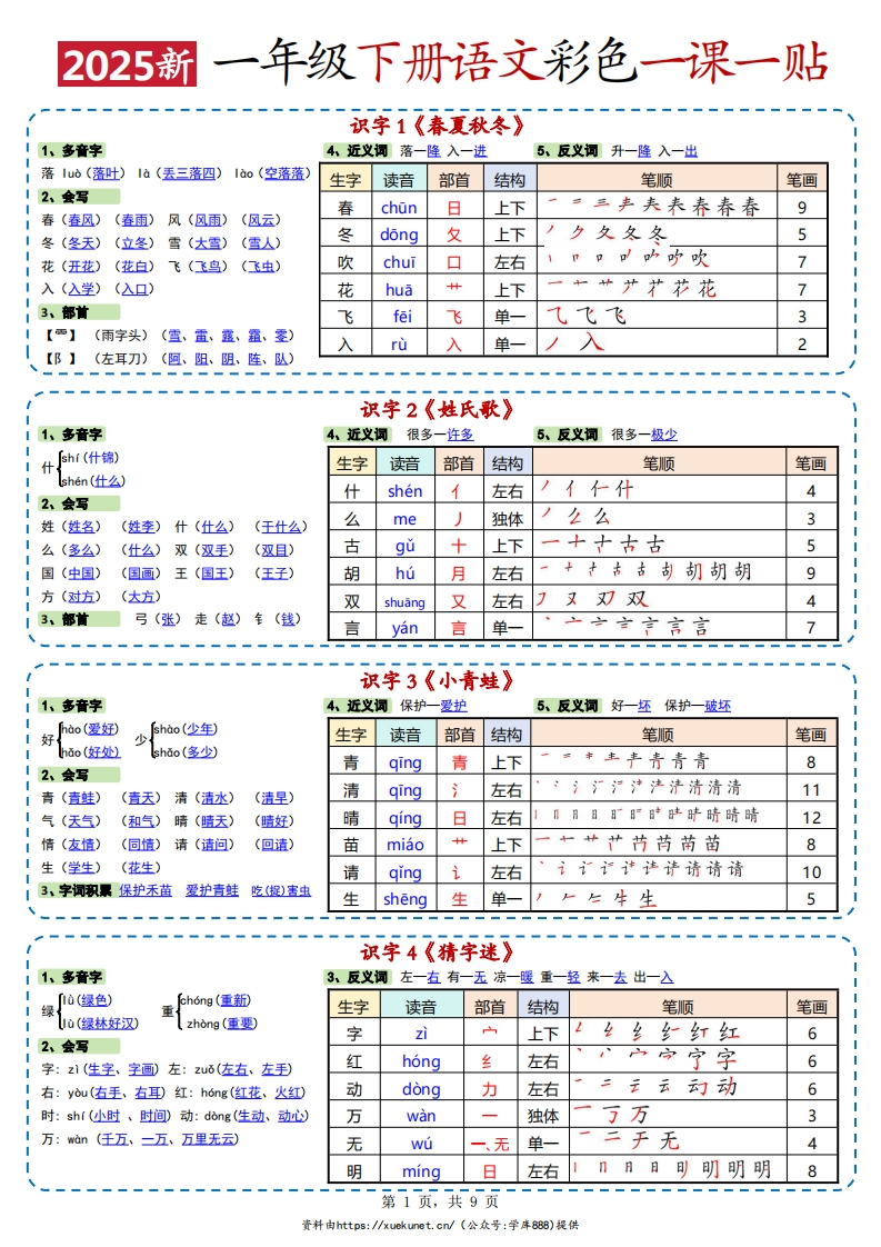 25春新一下语文彩色一课一贴高清（9页）-watiku
