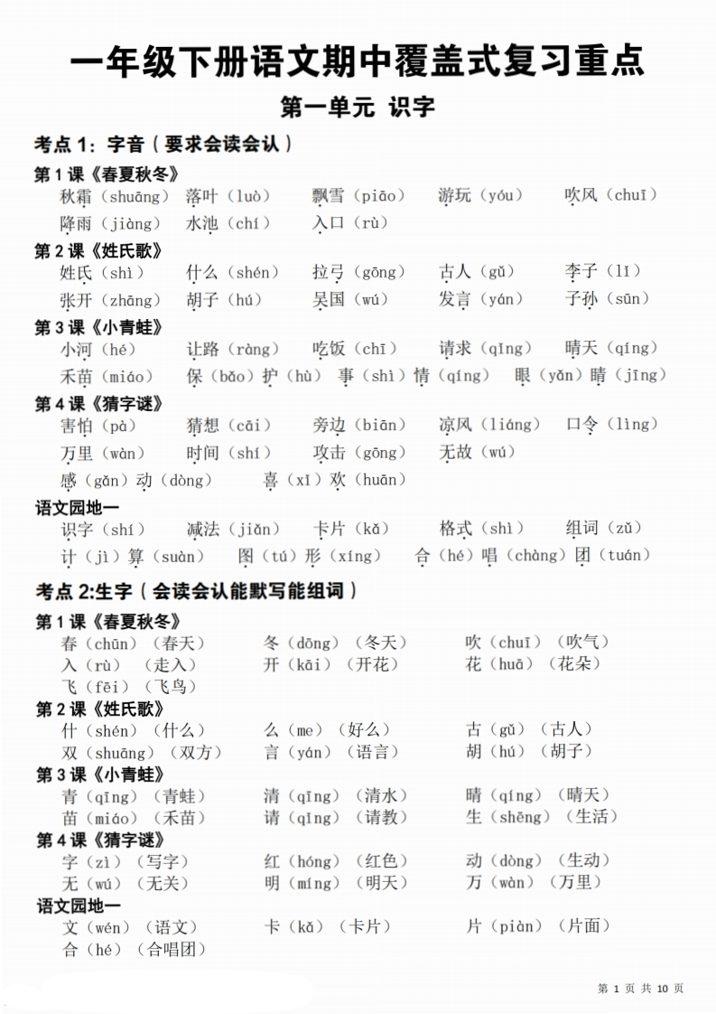 25春新版一（下）语文期中覆盖式复习(1-4单元知识点总结)-watiku