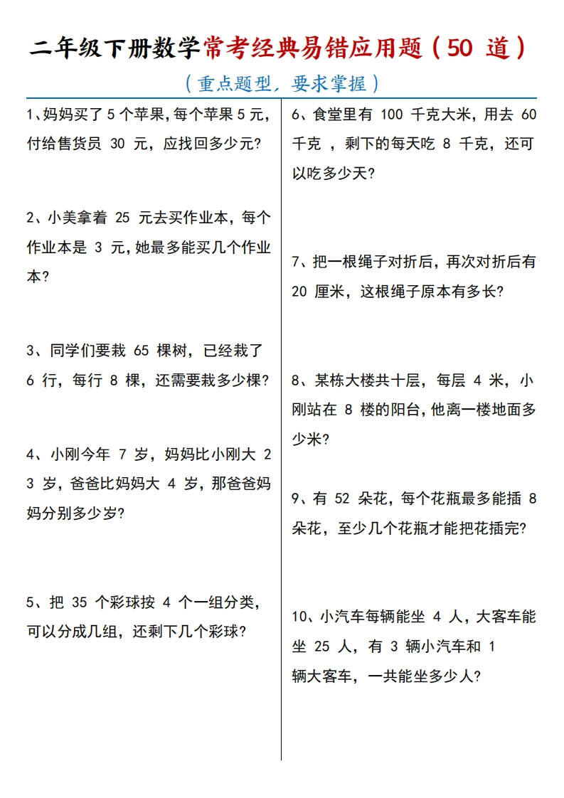 25春期末复习二年级下册数学【常考经典易错应用题50道】含答案(1)-watiku