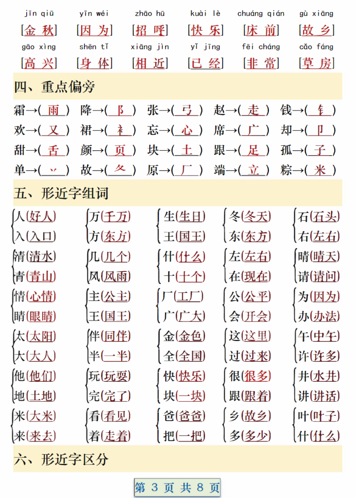 一年级语文下册期中重要考点知识汇总（8页）.pdf