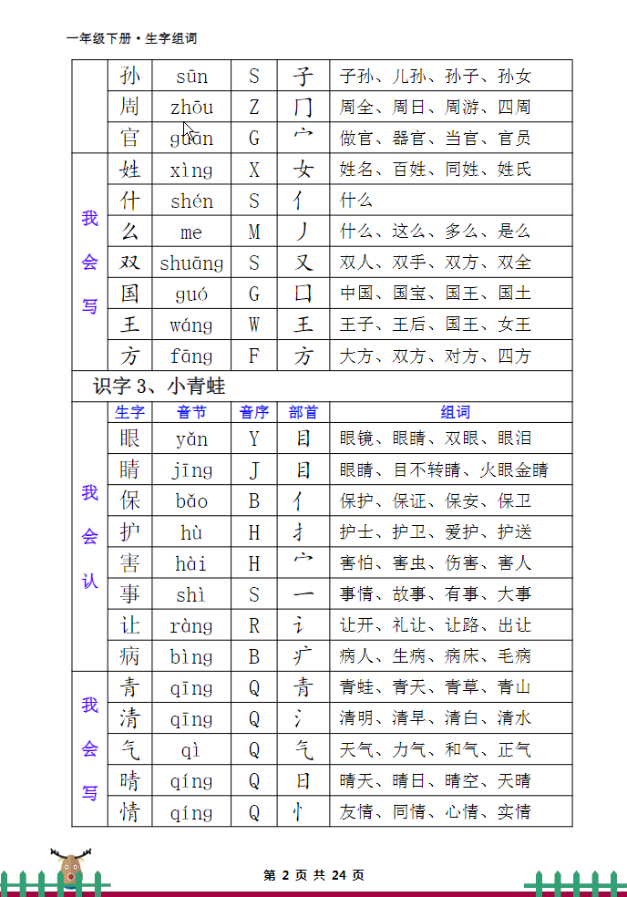 一年级语文下册生字组词