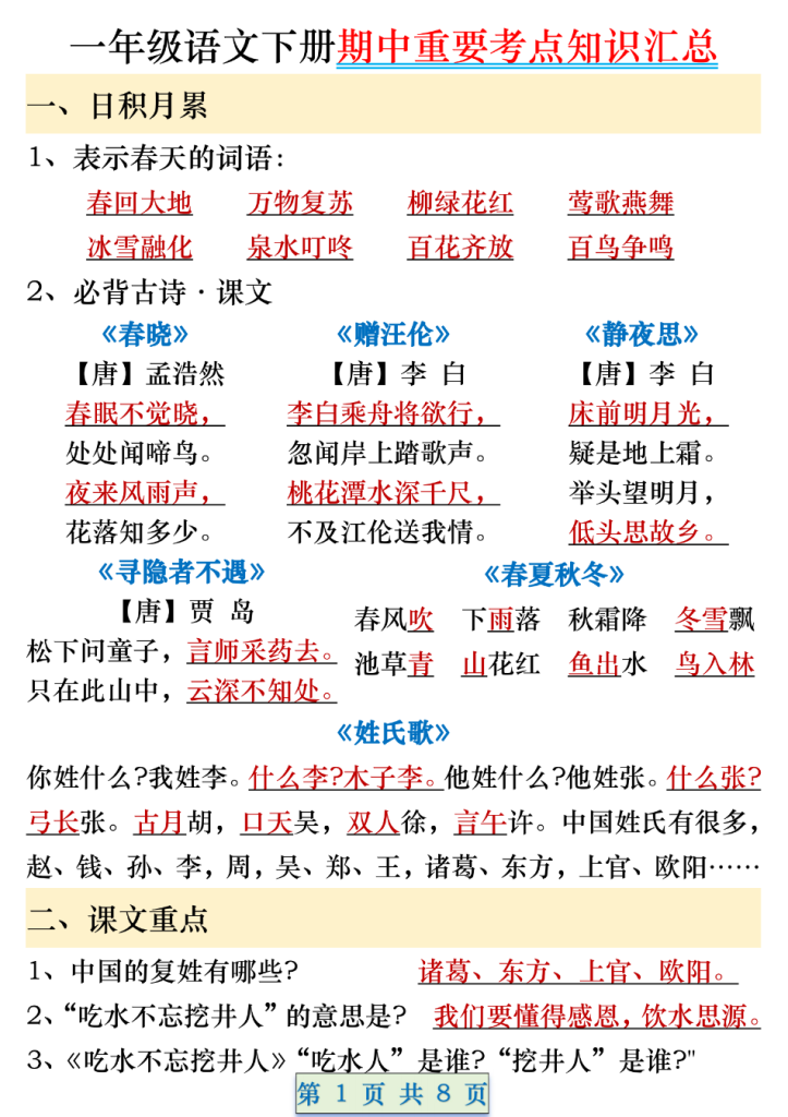 一年级语文下册期中重要考点知识汇总（8页）.pdf-watiku