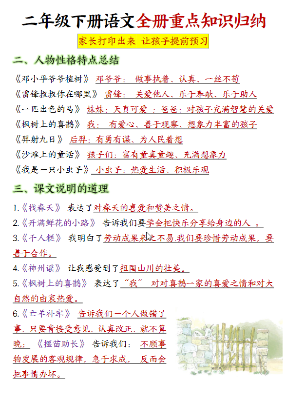 【全册重点知识点汇总及默写】二下语文