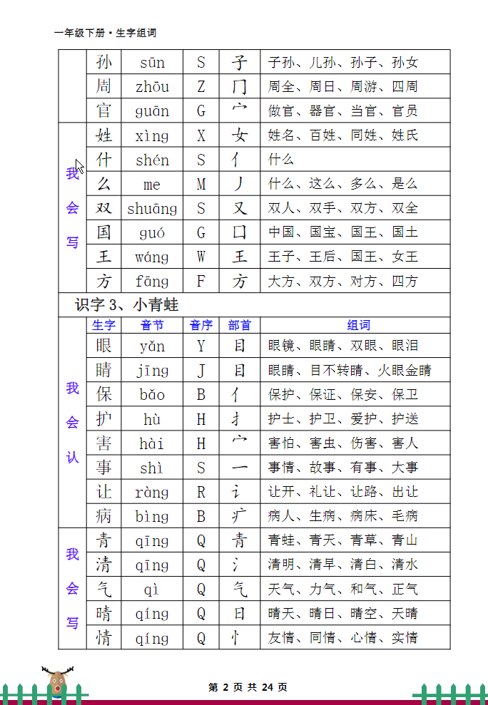 一年级下册语文 生字组词