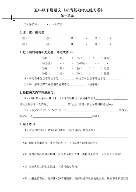 五年级语文下册《必清基础考点练习卷》