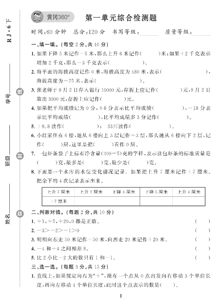 黄冈360°六年级下册数学单元试卷-watiku