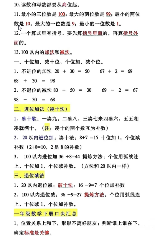 一年级数学下册重点、难点、考点汇总