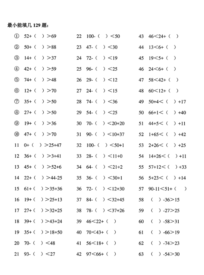100以内最大填几最小填几专项练习（常考题型）