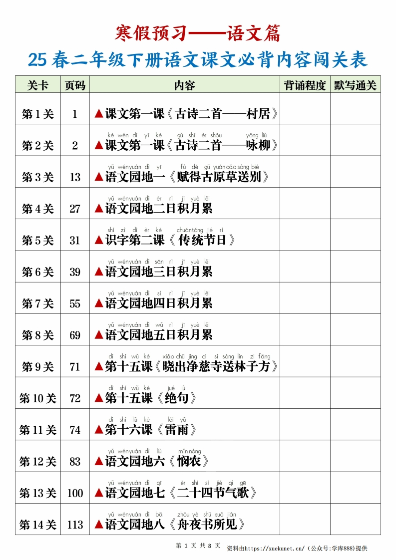 【25春二下语文课文必背内容闯关表及默写8页-watiku