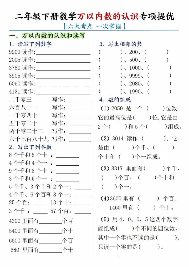 【万以内数的认识专项提优】二下数学通用版-watiku