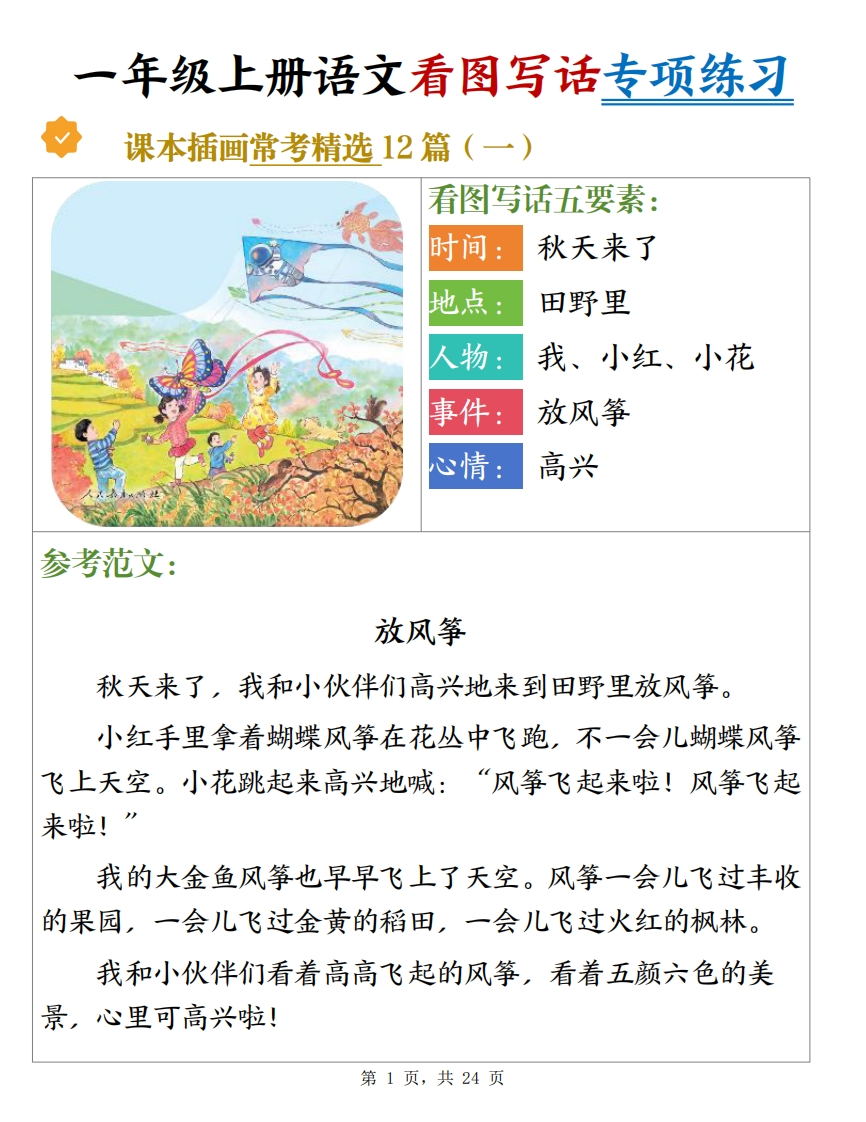 一上语文看图写话专项练习常考精选12篇（含范文24页）-watiku