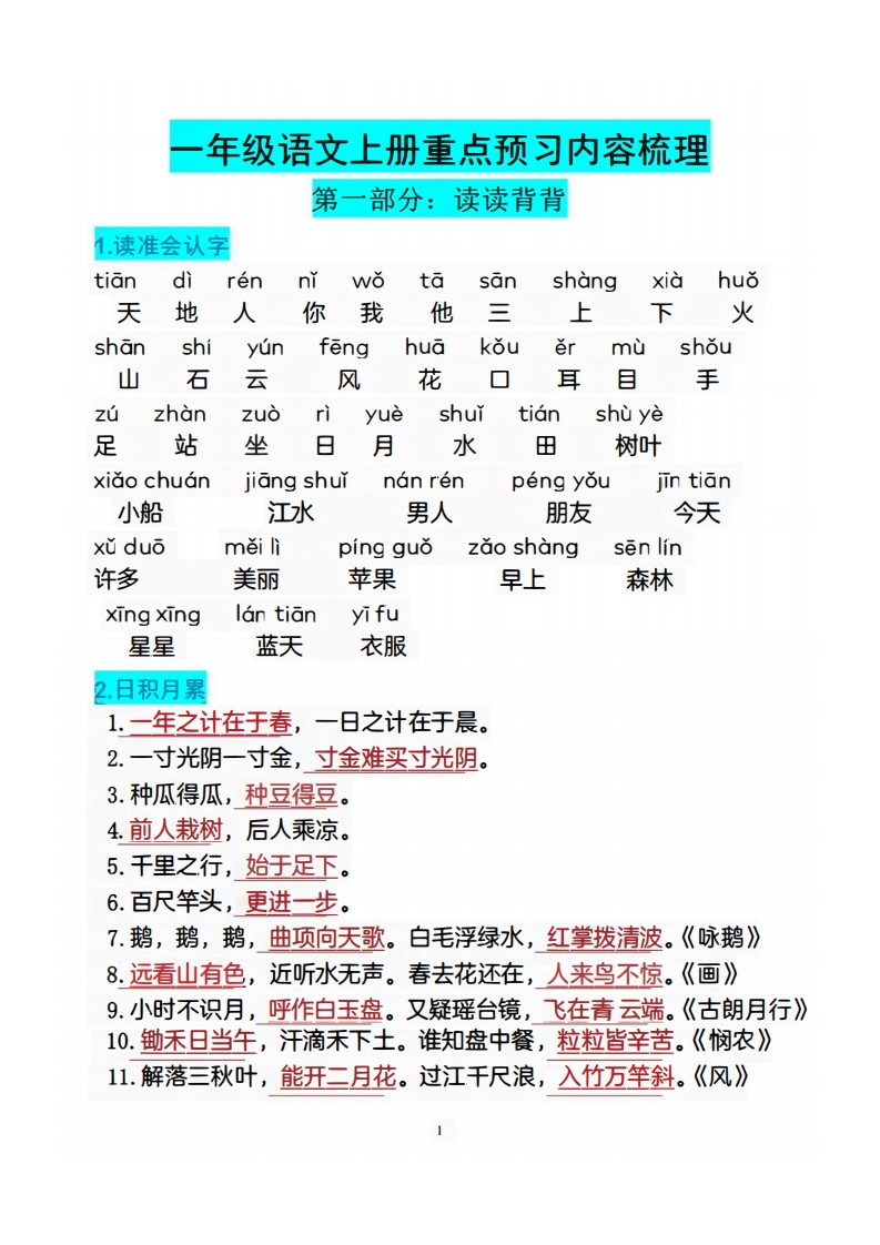 一上重点预习内容梳理(已修改)(1)-watiku