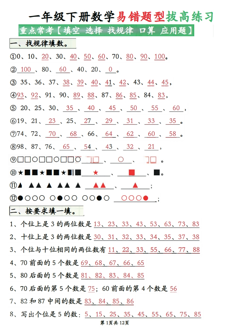 一下数学易错题型拔高练习（填空选择找规律口算应用题）含答案12页-watiku
