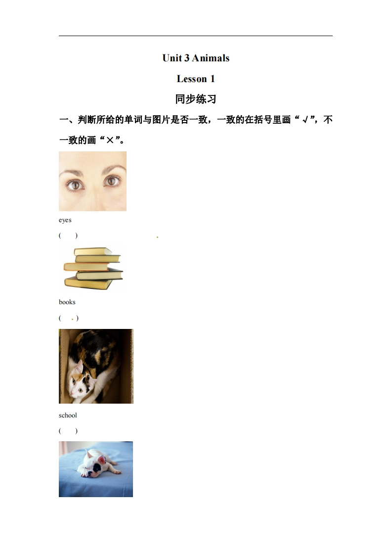 一年级上册英语课时练-Unit3AnimalsLesson1同步练习1人教新起点（word，含答案）-watiku