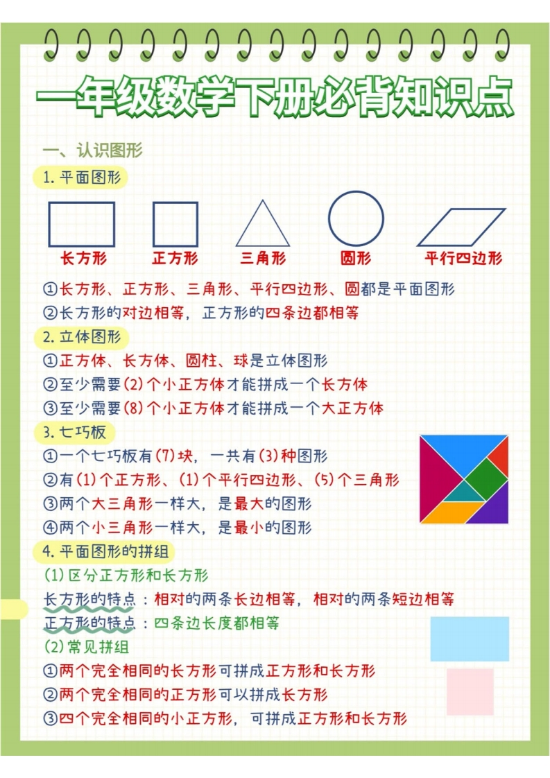 一年级下册数学必背知识点-watiku