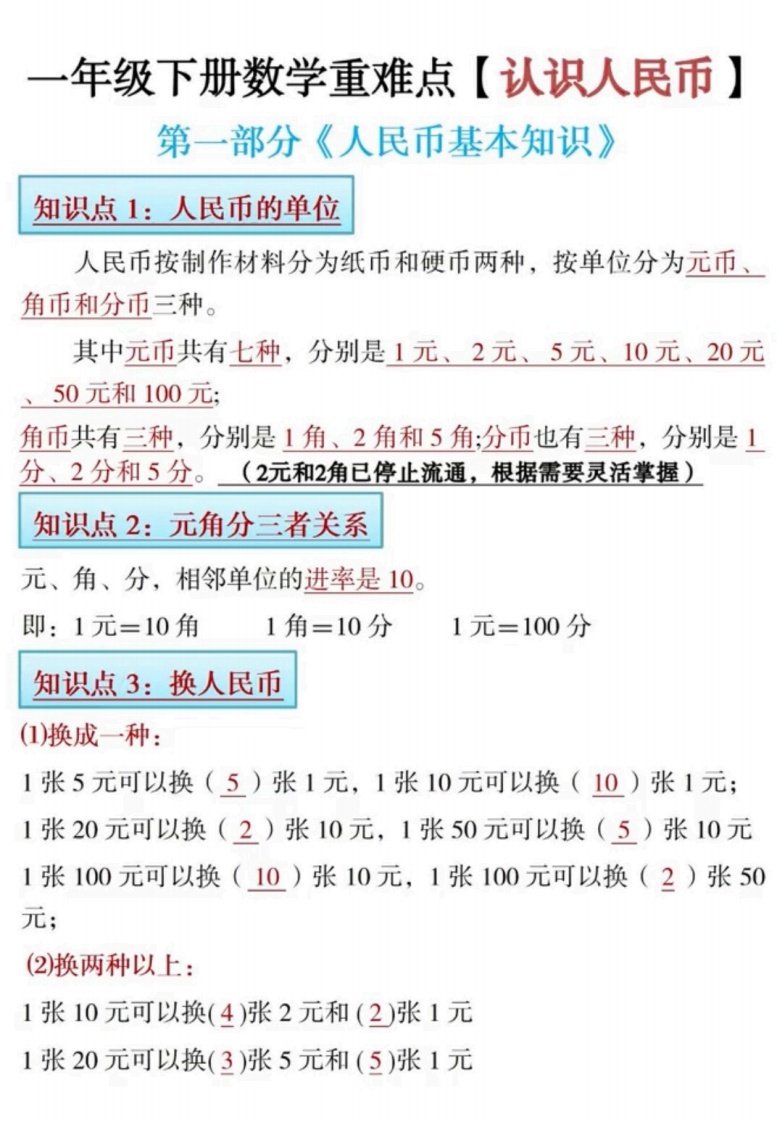 一年级下册数学重难点【认识人民币】-watiku
