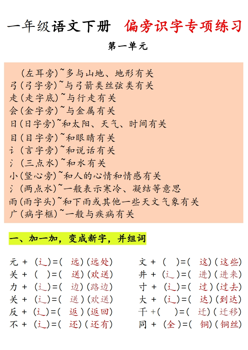 一年级下册语文偏旁识字专项练习-watiku