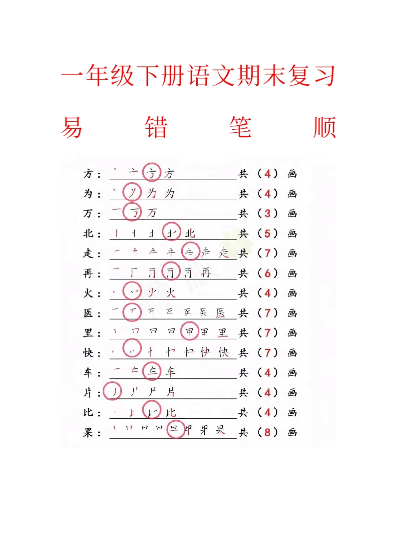 一年级下册语文期末复习易错笔顺-watiku