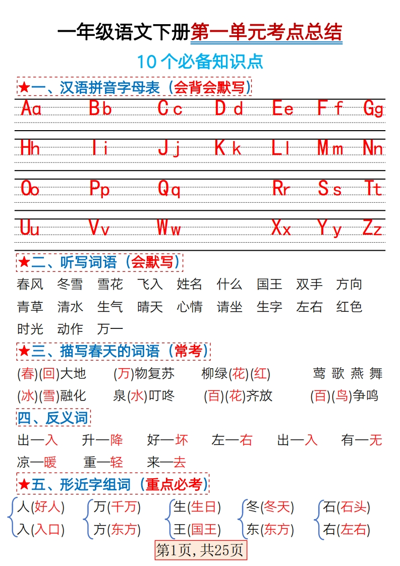 一年级语文下册1-4单元考点总结练习及答案-watiku