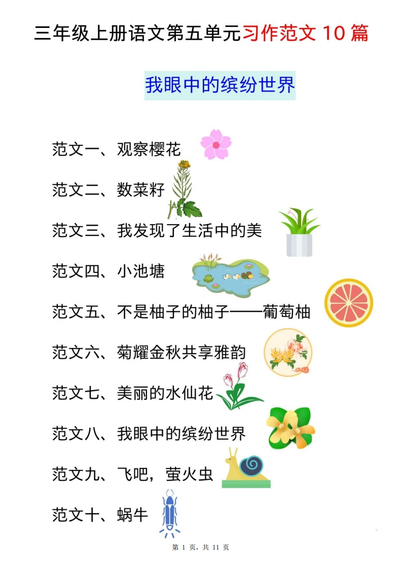 三上语文第五单元习作范文10篇（我眼中的缤纷世界）10页-watiku
