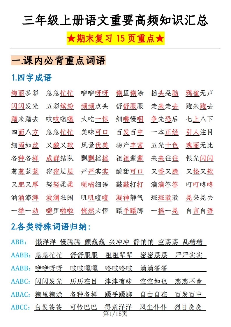 三上语文重要高频知识汇总（期末复习15页重点-watiku