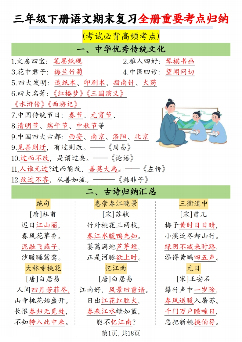 三下语文期末复习全册重要考点归纳18页-watiku