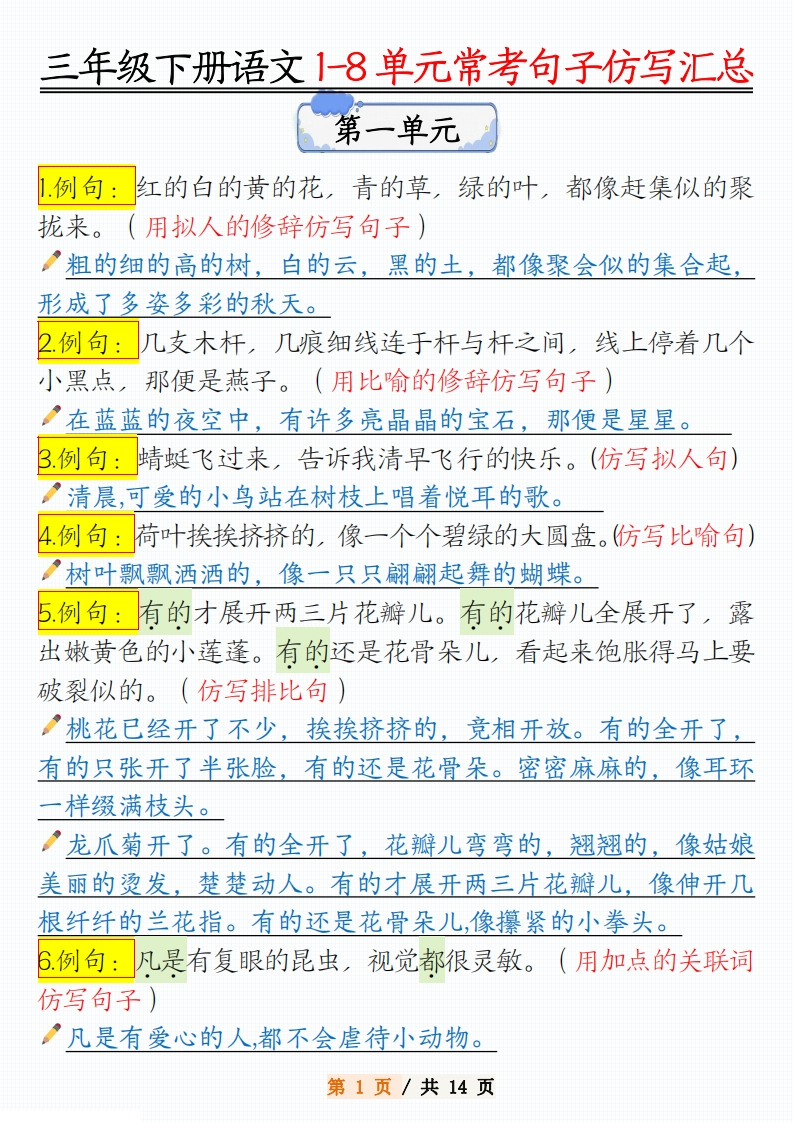 三下语文语文1-8单元常考句子仿写汇总（14页）-watiku
