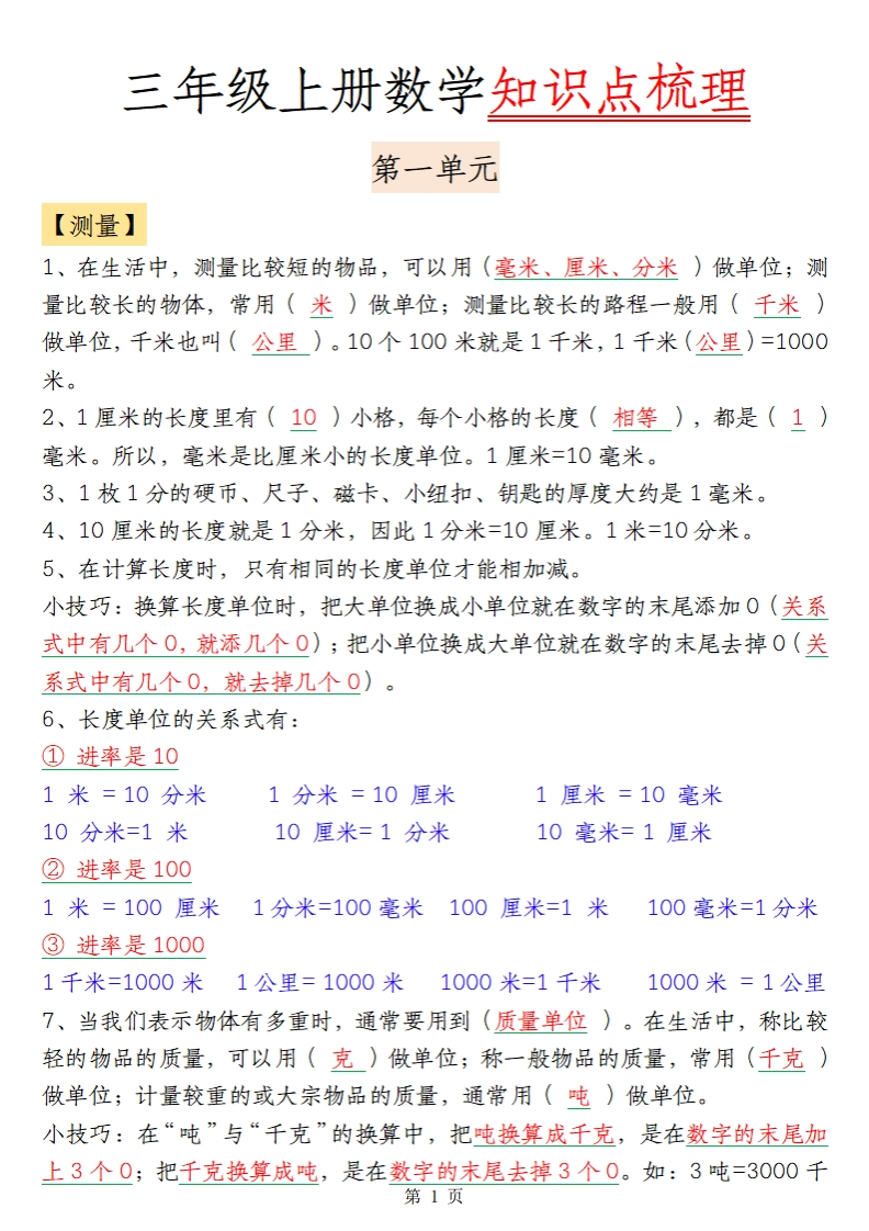 三年级上册数学知识点梳理（9页)-watiku