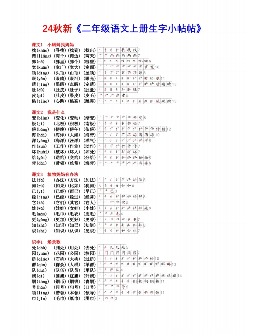 二上生字组词笔顺课课贴-watiku