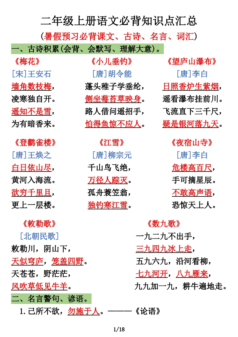 二上语文必背知识点汇总（暑假预习必背课文、古诗、名言、词汇）18页-watiku