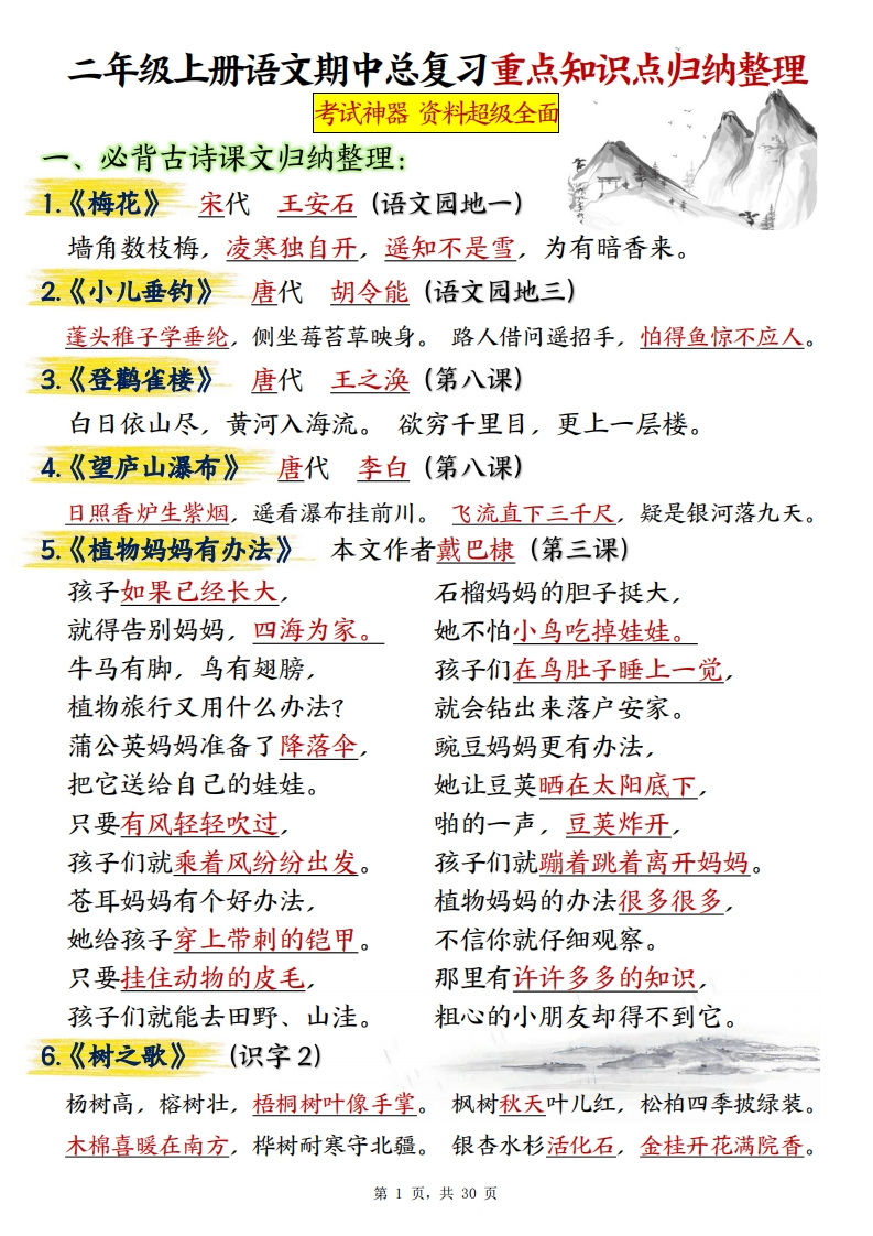 【期中冲刺】二上语文期中总复习重点知识点归纳整理（空白加答案30页）-watiku
