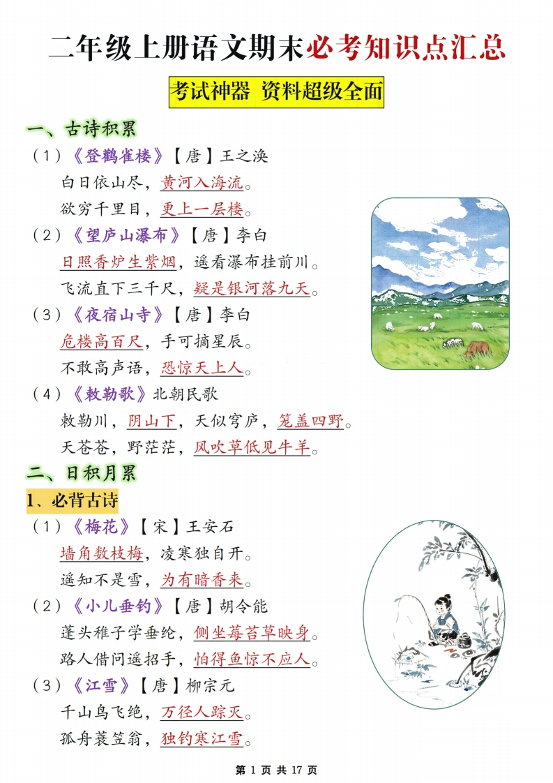 二上语文期末复习必考知识点汇总17页-watiku