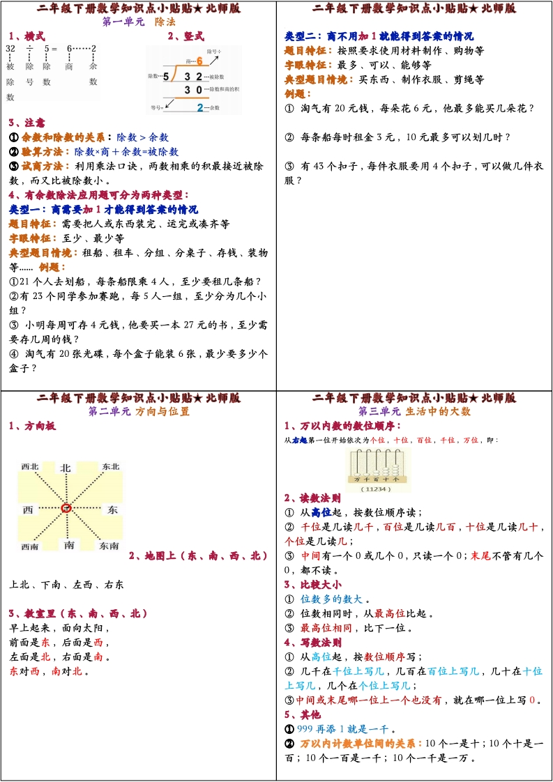 二下北师大版知识点小贴贴课课贴-watiku