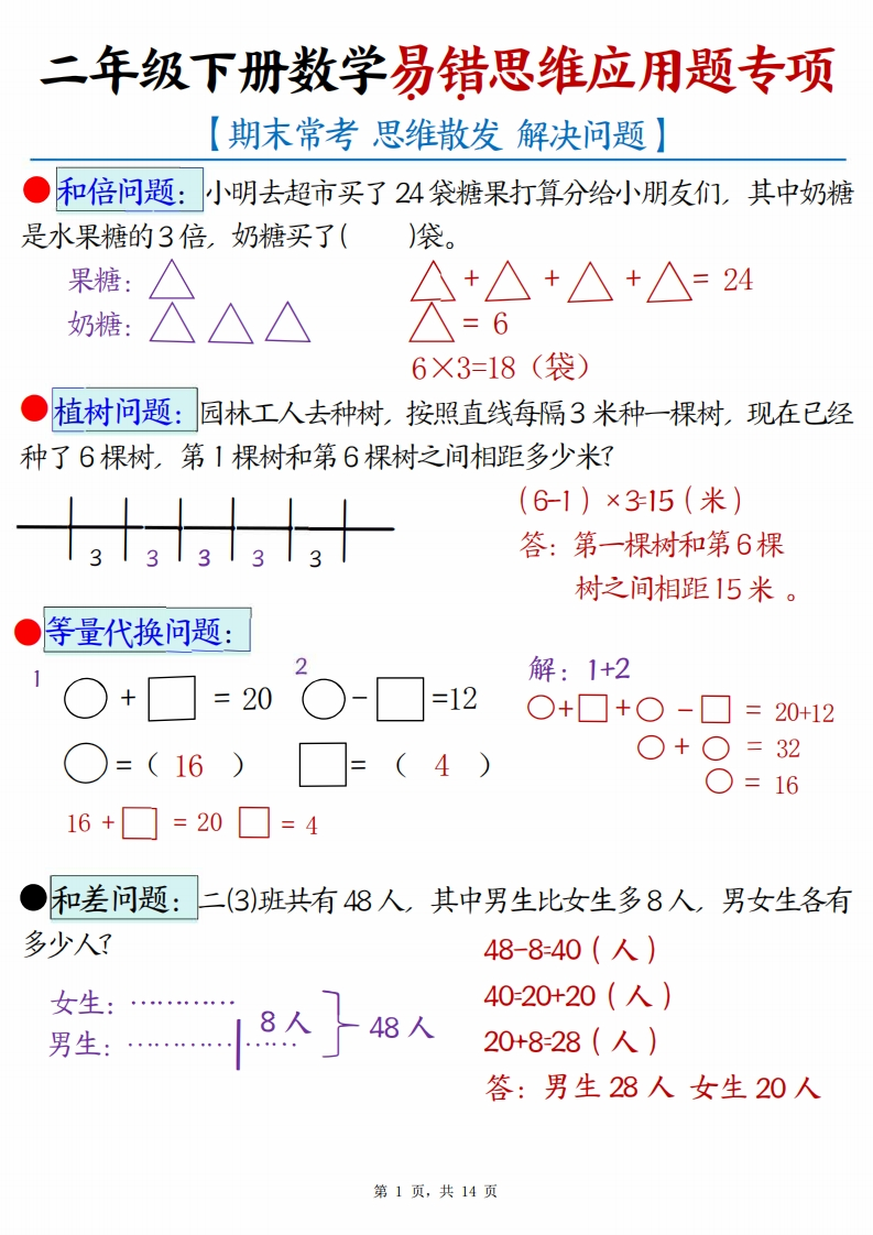 二下数学易错思维应用题专项（28道母题）练习答案版14页-watiku