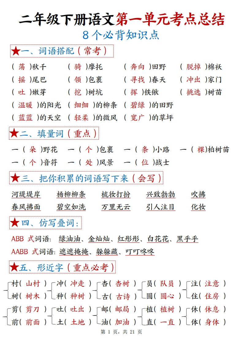 二下语文1-8单元考点总结（8个必背知识点加练习）42页-watiku