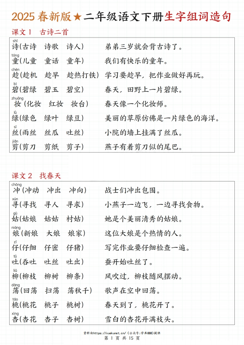 二下语文【一类字生字组词造句】-watiku