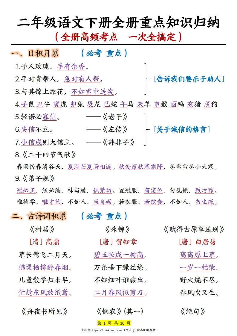 二下语文全册重点高频考点知识归纳-watiku